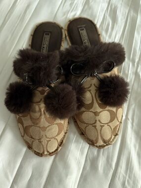 Coach Brown Monogram Pom-Pom Slip-On Slippers jayda